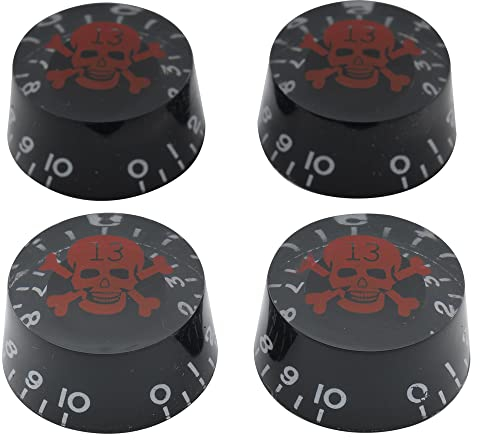Musiclily 6mm Metrisch Gitarre Poti Knopf Speed Knob für Singlecut-Modelle,Schwarz mit Rot Skull(4 Stück)