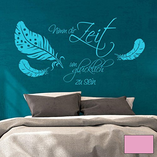Wandtattoo Wandaufkleber Zitat Nimm dir Zeit um glücklich zu sein mit Federn M1758 - ausgewählte Farbe: *Flieder* - ausgewählte Größe: *S - 60cm breit x 36cm hoch*