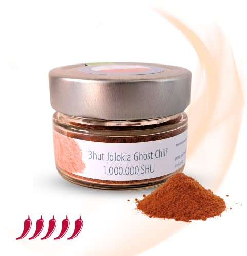 GEROPP-GOURMET Bhut Jolokia Ghost Chili Pulver 40g | 2007 Schärfster Chili der Welt: ca. 1,0 Mio. Scoville | Wiederverschließbares Glas | Gewürz für Grillen, Kochen | Feurig-scharf | Geschenkidee