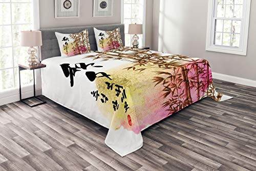 ABAKUHAUS Bambus Tagesdecke Set, Japanischer Bambus Asiatische, Set mit Kissenbezügen Ohne verblassen, für Doppelbetten 264 x 220 cm, Rosa Gelb