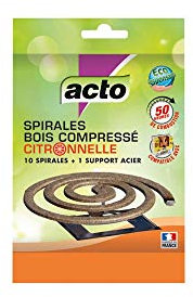 ACTO | SPIRALES BOIS COMPRESSÉ CITRONNELLE | 5 heures de diffusion par spirale | SPI 3
