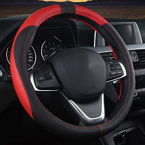 Pahajim Lenkradbezug Auto Universal Lenkradhülle Anti Rutsch Atmungsaktiv Lenkrad Bezüge Spleißen Lenkradschoner aus Mikrofaser Leder 38cm (Schwarz Rot)
