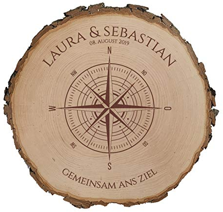 Baumscheibe mit Gravur - Liebes Kompass zur Hochzeit oder Jahrestag | Personalisiert | aus Echtholz | Koordinaten (32-35 cm Durchmesser)