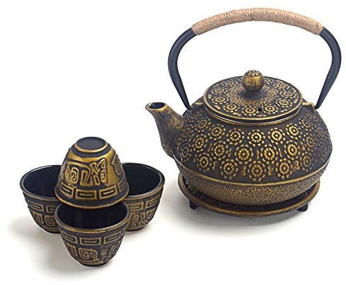 Juego de 6 tazas de té japonesas de hierro fundido con salvamanteles, cereza dorada (30 oz)