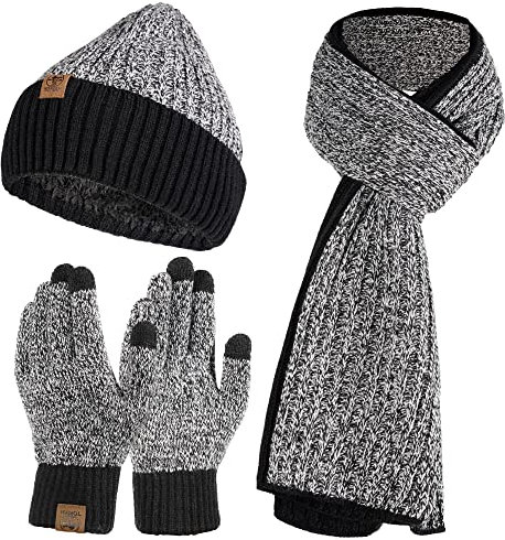 Tofern Mütze, Schal & Handschuh-Sets für Damen Herren - Winter 3 In 1 Beanie Strickmütze, Langer Schal, Verdickte Und Weiche Wolle Handschuhe