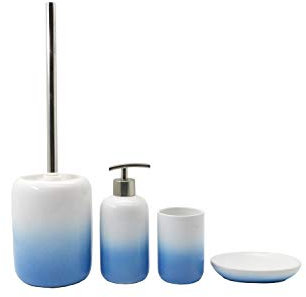 BM 4063 Set di Accessori da Bagno in Ceramica Sfumatura Bianco Blu, Set Accessori Bagno Completo 4 Pezzi, Dispenser, Portaspazzolino, Portasaponetta, Portascopino