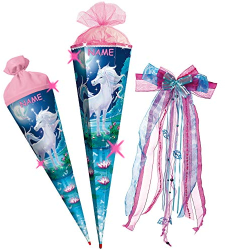 alles-meine.de GmbH mit 3D Glitzer - Effekt ! Schultüte - Einhorn - Mondscheineinhorn - 22-85 cm - mit Holzspitze - 6 eckig - incl. Name und große Schleife - Organza Abschl..