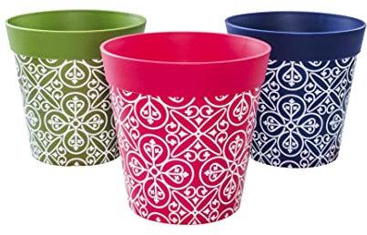 Hum Flowerpots, 15cm, 3er-Set, in Verschiedenen Farben und Mustern, Blumentöpfe aus Kunststoff für Drinnen und Draußen, Mehrfarbig Marokkanisch
