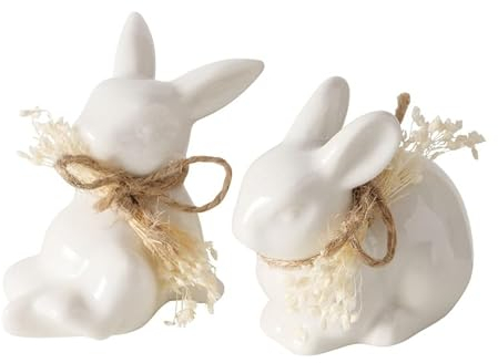 RiloStore 2 STK Osterhase Weiss Porzellan b637 Hasen mit Schleife Shabby Chic Vintage 8cm Osterhasen Paar Häschen Hasenkinder