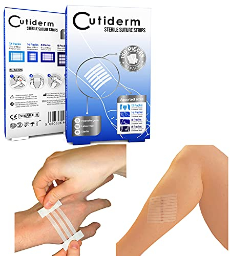 Cutiderm Lot de 150 bandes (42 paquets) adhésives hypoallergéniques et stériles pour sutures et traitement des plaies, 4 tailles
