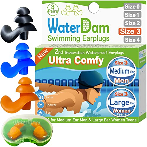 WaterDam Schwimm-Ohrstöpsel, wasserdicht, ultra-bequem, verhindern Schwimmerohren (Größe 3 + 3 + 3: mittelgroßes Ohr, für Herren und Damen, schwarz, blau, orange)