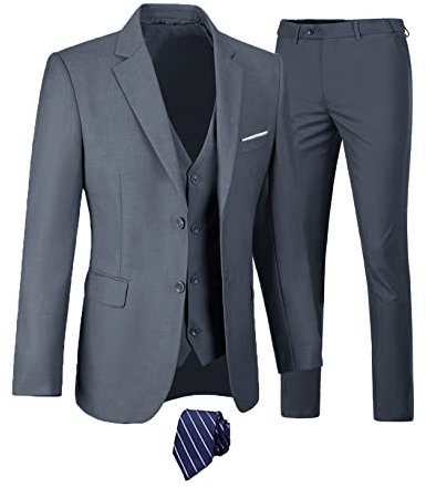 Furuyal Herren Anzüge 3-teiliges Slim Fit Anzug-Set, zwei Knöpfe, Hochzeit, Business, Smoking, solide Blazer, Jacke, Weste, Hose mit Krawatte, Dunkel_Grau, XL