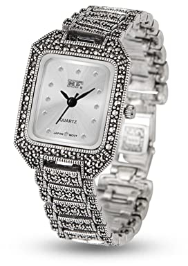 JadeAngel Reloj de pulsera para mujer, plata 925 con marcasita, clásico, rectangular, de plata tailandesa, joyería, blanco, Clásico