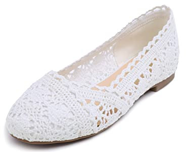 Feversole Round Toe Lace Ballet Crochet Flats,Scarpe comode e Traspiranti da Donna all'Uncinetto Bianco 39 EU