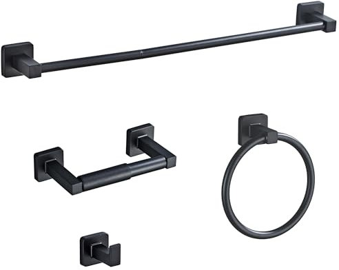 Matte Black Bathroom Hardware Set 4 Pieces,Bathroom Accessories Set Stainless Steel Wall Mounted, Hand Towel Bar, Towel Ring, Robe Towel Hooks,Toilet Paper Holder,Towel Bar Set, 23.6 Inch