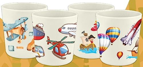 BAMBOO KING Set of 4 Transportation vehicles Theme Party Bamboo Cups for Kids | Shatter Resistant | BPA Free | Open Cups | 8 Oz