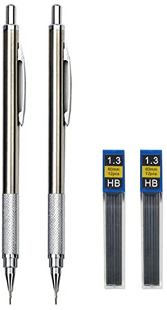 Lot de 2 porte-mines rétractables argentés de 0,5, 0,7, 0,9, 1,3, 2,0 mm avec 2 tubes de plomb HB en métal antidérapant