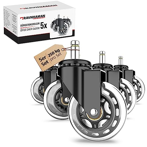 RAVN HAMAN 5er Set Bürostuhl-Rollen 10 mm x 22 mm Schwarz - - Stuhlrollen bis 250 kg - - Bodenschonende und kratzfreie Drehstuhlrollen - - Hartboden-Rollen - Gummirollen für Bürostühle