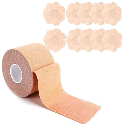 OUOQI Nastro per Seno,Nastro Adesivo Reggiseno, 1 Rotolo Tape con 10 PCS Copri Capezzoli,Nastro per Sollevare Il Seno,Nastro per Sollevamento Seno,Nastro Adesivo Seno,per Coppe A-E (Colore)