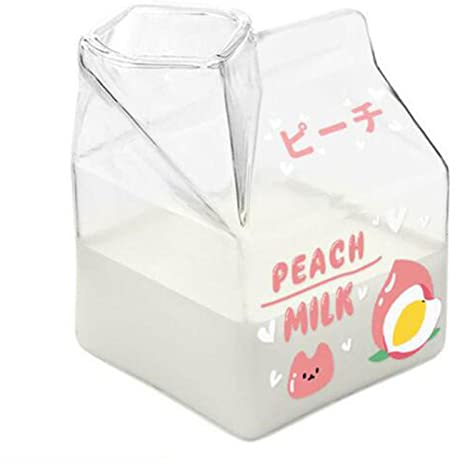MLQL Kawaii - Carton de lait carré en verre - 380 ml - Jolie fraise créative - Pour petit déjeuner - Portable - Pour étudiants - Transparente - Pêche