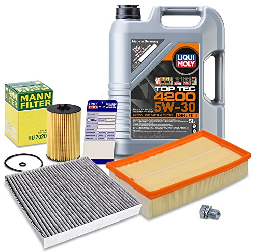 ATEC Germany Inspektionspaket Filterset mit 1x Ölfilter; 1x Luftfilter; 1x Innenraumfilter (Aktivkohle); 1x Ölablassschraube mit Dichtring; 1x Motoröl 5W-30 Top Tec 4200 5 l; 1x Ölwechselanhänger