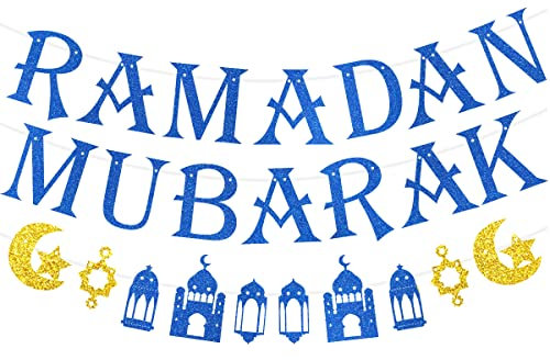 Aviski Ramadan Mubarak Banner, Eid Mubarak Ramadan Kareem Party Dekoration für Muslime, Blau, 20 cm x 150 cm