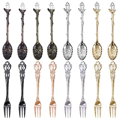 Chostky Retro Coffee Spoons & Forks, Creative Tableware for Coffee, Fruit, Dessert, Stirring, Mixing, Sugar, Ice Cream, Cake - Teaspoon & Fork Set (8+8)