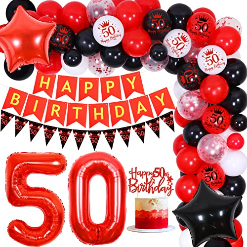 50 Geburtstag Dekorationen Rot Schwarz Weiß Ballonbogen für Männer Frauen mit Happy Birthday Wimpelkette Banner, Dreieck Flagge Kuchen Toppers Rot 50 Stern Ballon für 50 Jahre Geburtstag Party