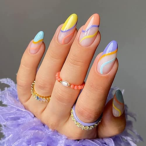 AKOFIC 24 Stück Press on Nails Mandel, Mittlere Länge French Künstliche Nägel, Nägel Zum Aufkleben mit Nagelkleber, Nude Acryl Fake Nails für Frauen und Mädchen