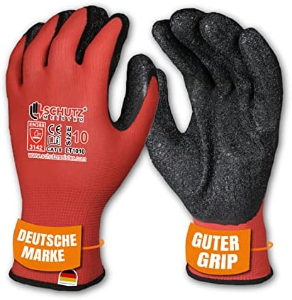 schutzmeister 12 Paar Premium Latex Paar Arbeitshandschuhe Herren - Größe 10/XL - Schutzhandschuhe mit flüssigkeitsabweisender Beschichtung, feines Tastgefühl, Handschuhe für Privat & Gewerbe