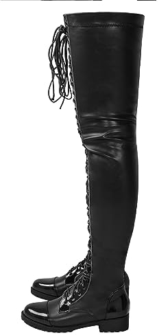 WOkismD Moda donna Stivali alti alla coscia con lacci Tacco grosso Piatto in pelle PU Stivali sopra il ginocchio elasticizzati Tacco basso Cerniera laterale Gotico Stivaletti alti Scarpe,Nero,44