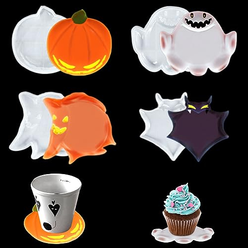 Zayookey 4 Pièces Moule en Résine sous Verre Halloween Coaster Resin Molds Moules en Silicone Dessous de Verre Resine Moulage Epoxy Citrouilles Fantôme DIY Décoration Intérieure