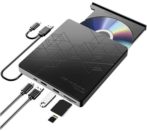 Grabadora CD/DVD Externa USB 3.0,Disquetera Externa USB CD/DVD-RW ROM, Reproductor de CD con Tarjetas SD TF Lector Player DVD Externo para Windows XP / 2003 / Vista /7 /8.1 /10,Linux,Mac OS system
