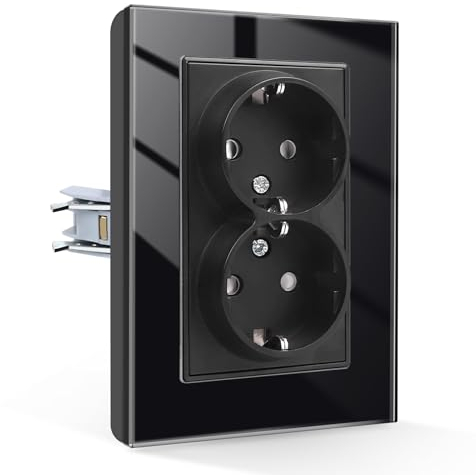 CNBINGO Glas Doppelsteckdose Unterputz,2 Fach Steckdose Unterputz, Doppel Wandsteckdose mit Steckklemme Steckdosen Schwarz