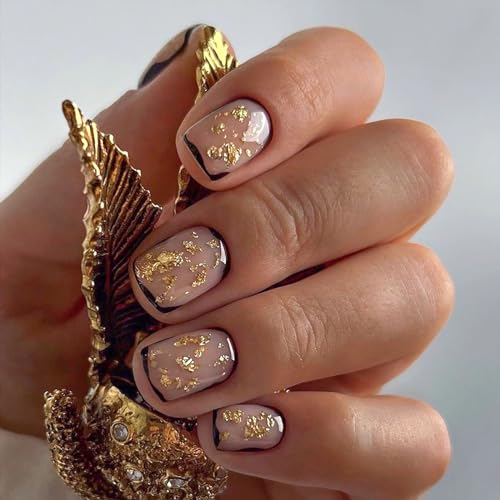 24 Pièces Français Faux Ongles Court Carrés Bordure Noire Ongles à Coller Naturel Acrylique Couverture Complète Press on Nails Or Brilliant Ballerine Faux Ongles Autocollants pour Femmes