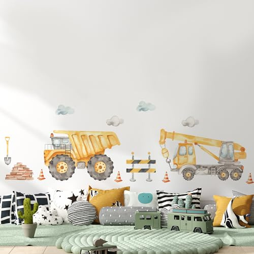 Muralo Wandtattoo Set Baumaschinen, Aquarell, UV-beständig - 60x30 cm | Wandsticker, Modernes Design - ideal für Kinderzimmer, für Jungen, einfach anzubringen
