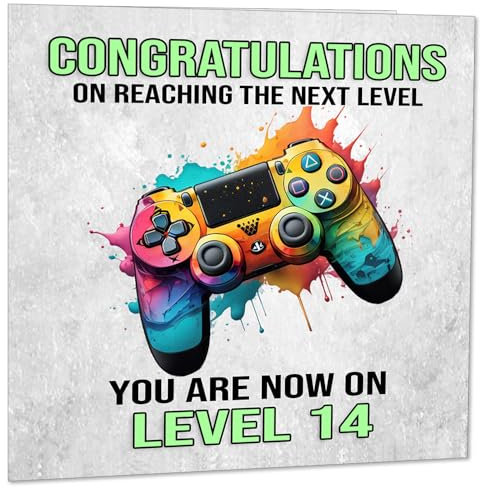 Geburtstagskarte zum 14. Geburtstag, Gamer-Geburtstagskarte für Teenager und Jungen, 145 x 145 mm
