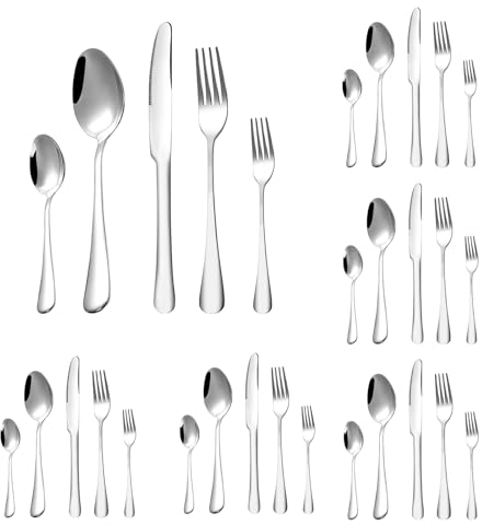 Couverts de Table, ensemble de couverts inox 30 pièces, Ensemble de Table Complet pour 6 personnes, couvert comprenant cuillère, couteau, fourchette, set couverts de table inox, Poli Miroir