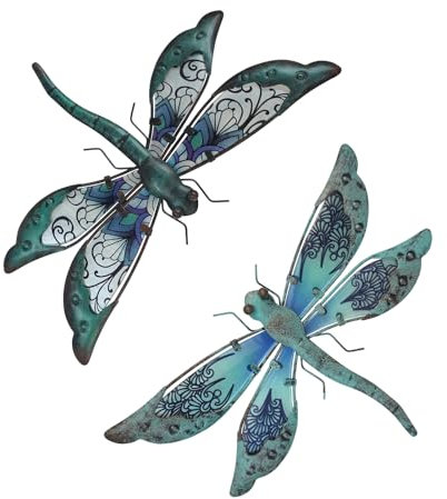 Liffy Metal Dragonfly Wall Decor Glass Outdoor Wall Art Hanging Garden Decorations for Living Room (Dragonfly a pair)
