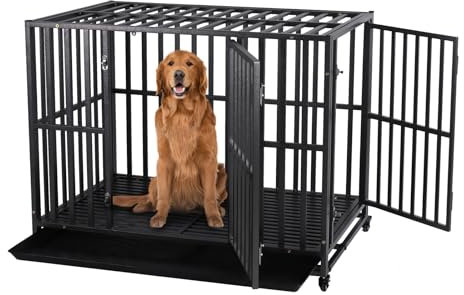 SMONTER Heavy Duty Dog Crate-38 inch Large Metal Dog Cage with 2 Doors and 4 Wheels, Stackable Dog Kennel for Large & Medium Dogs, Removable Tray