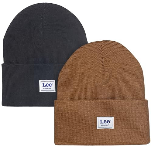 Lee Workwear Herren-Beanie-Mütze, Strickmütze mit Bündchen, Totenkopf-Wintermütze, 2 Stück, Tabakbraun/Tiefschwarz, M/XL
