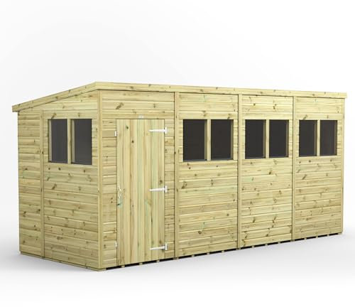 Powersheds High Grade Premium Pressure Treated Pent Shed Garden Wooden Shed with Heavy Duty Frame, Door & Window Flexibility made from Extra Thick Timber & Toughened Glass (16x6)
