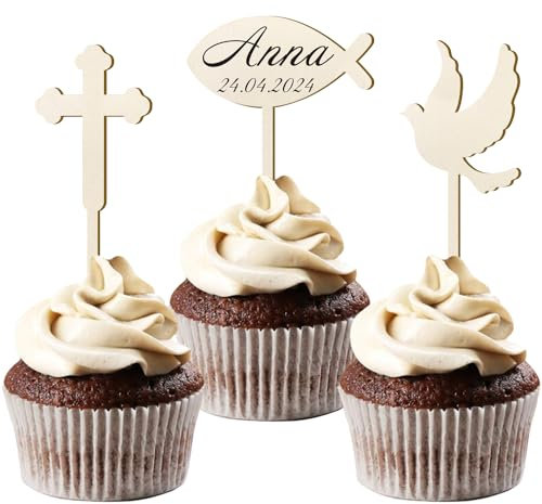12 Stück Holz Cupcake Toppers Kommunion, Tortendeko Konfirmation Mädchen, Holz Fische Taube Kreuz Cake Topper Kommunion Taufe Deko für Erstekommunion Deko Junge, Taufe Party Dekoration (Mix)