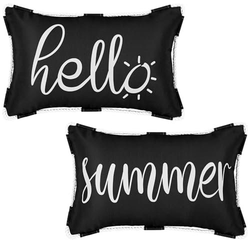 ASPMIZ Outdoor-Kissenbezüge, wasserdicht, Hello Summer, dekorativ, rechteckig, für Stuhl, Terrasse, Garten, Überwurfkissen für Möbel, Couch, Zelt, Sofa, 30,5 x 50,8 cm, Schwarz, 2 Stück