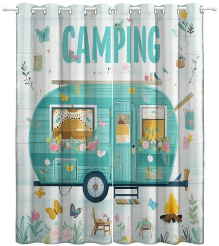 Bunt Wärmeisoliert Abdunkelnd LichtundurchlässigVorhänge, Cartoon-Zeichnung Eines Wohnmobils Verdunkelungsvorhänge mit Ösen für Schlafzimmer und Wohnzimmer, 220x215 cm