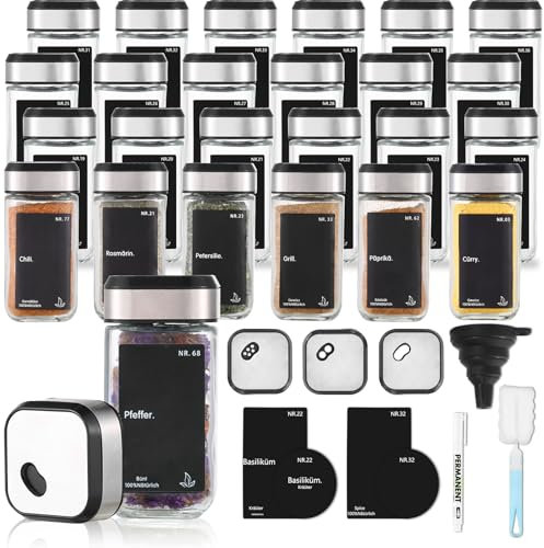 lwansny Gewürzgläser mit Streueinsatz [24 x 120ml] + 240 wasserfeste Etiketten - Eckig mit Drehdeckel - Luftdichte Gewürzdosen Set für Gewürze Aufbewahrung