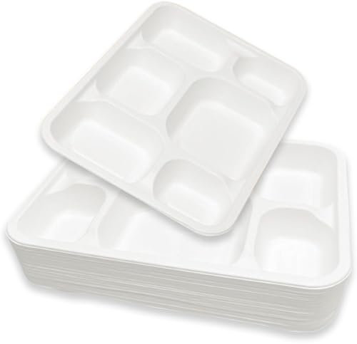 ECONX Bagazo - Bandeja de comida de 6 compartimentos, platos compostables, ecológicas, desechables, bandejas de papel de caña de azúcar para restaurantes, fiestas, eventos especiales y otros tipos de