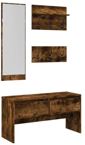 vidaXL Garderobenset 4-TLG., Flurgarderobe mit 6 Garderobenhaken, Garderobe für Eingangsbereich, Wandgarderobe Flurbank, Räuchereiche Holzwerkstoff