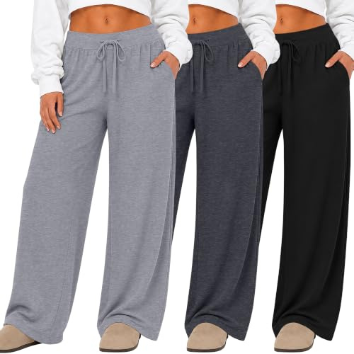 Neer Set da 3 Pantaloni Grande Taglia per Donna | Da Lounge, Pantaloni Da Yoga a Gamba Larga, Pantaloni Tuta, Comodi Donna, Ampi Jogger, Casual, Morbidi, Vita Alta, Elastici