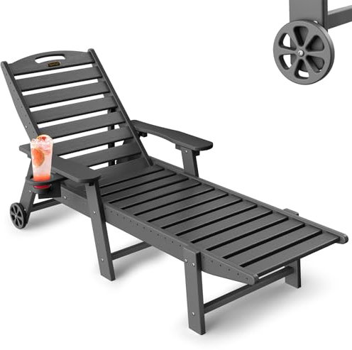 SUUNYN Chaiselongue-Sessel für den Außenbereich mit Rollen, 6-fach verstellbar, HDPE, Loungesessel für den Außenbereich mit Getränkehalter, Outdoor-Lounge-Sessel für Pool, Pool, Terrasse, Hinterhof,